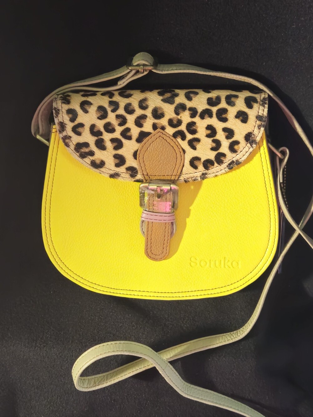 NWT-Soruka Yellow-Tan-Black Recycled Leather Crossbody Bag w/Leopard-Print Flap